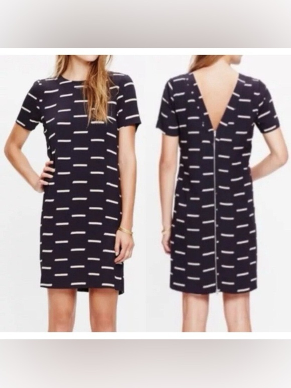 Madewell Black Short-Sleeve Shift Dress with White Dash Pattern